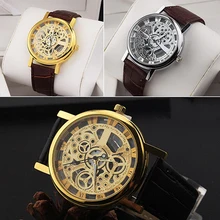 Unisex Vintage Hollow Roman Numeral Dial Faux Leather Band Wrist Watch Gift