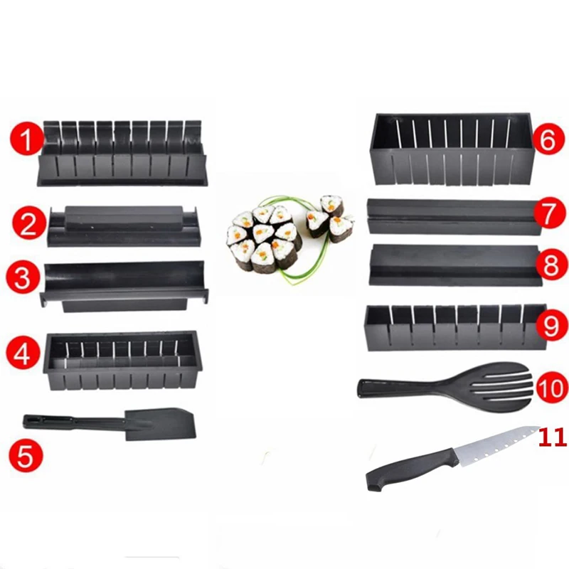 10 шт./компл.(с ножом) Полный Набор Суши чайник Набор рисовый ролл формочка шеф-повара кухонные роликовые принадлежности для резки инструмент