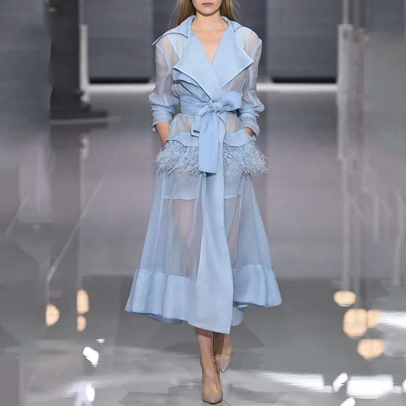 

Elegant Feathers Patchwork Midi Dress For Women Lapel Long Sleeve High Waist Lace Up Perspective Dresses Female 2019