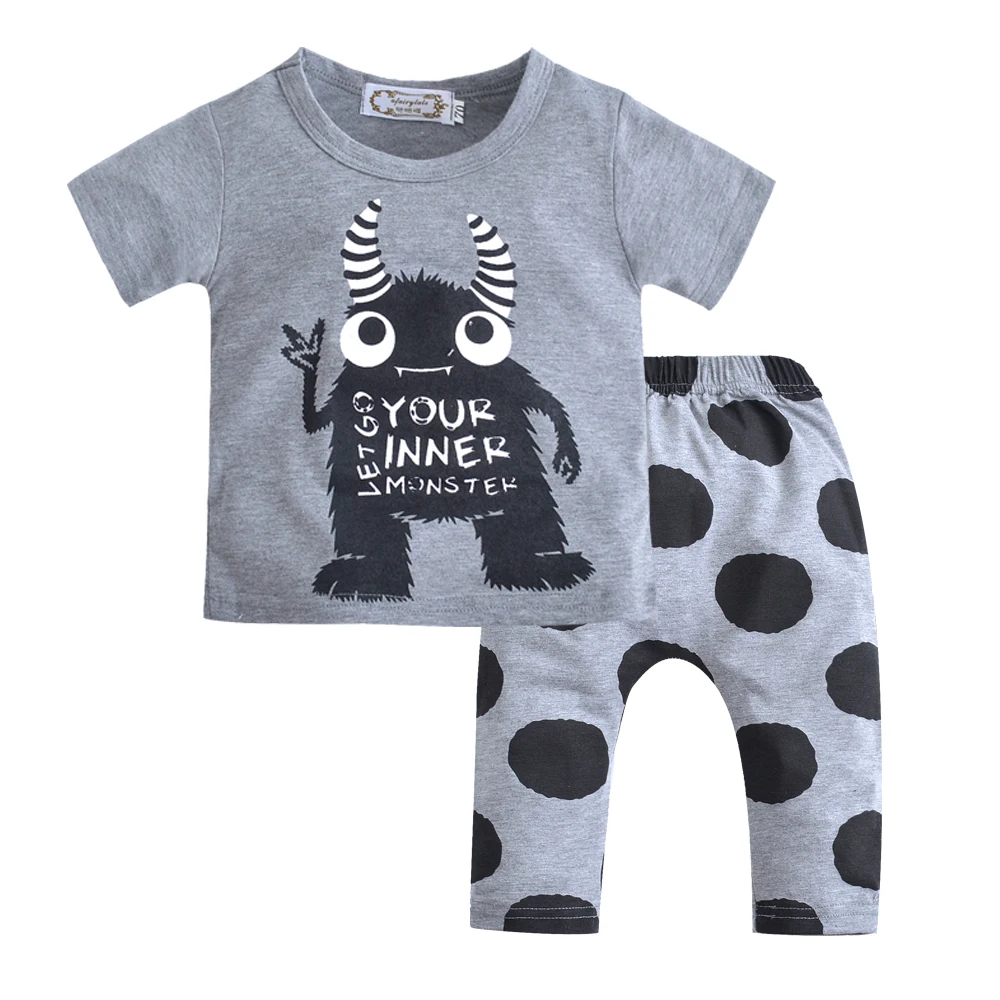 

Summer Baby Boy Clothing Cartoon Short Sleeve Let go Your inner monster Letter Tops T-shirt+ Pants 2Pieces Bebe clothes set