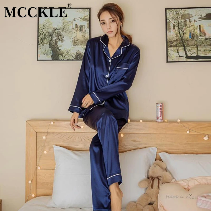 

MCCKLE Women Silk Satin Pyjamas Set 2018 Long Sleeve And Pants Sleepwear Pajamas Suit Female Two Piece Set Loungewear Plus Size