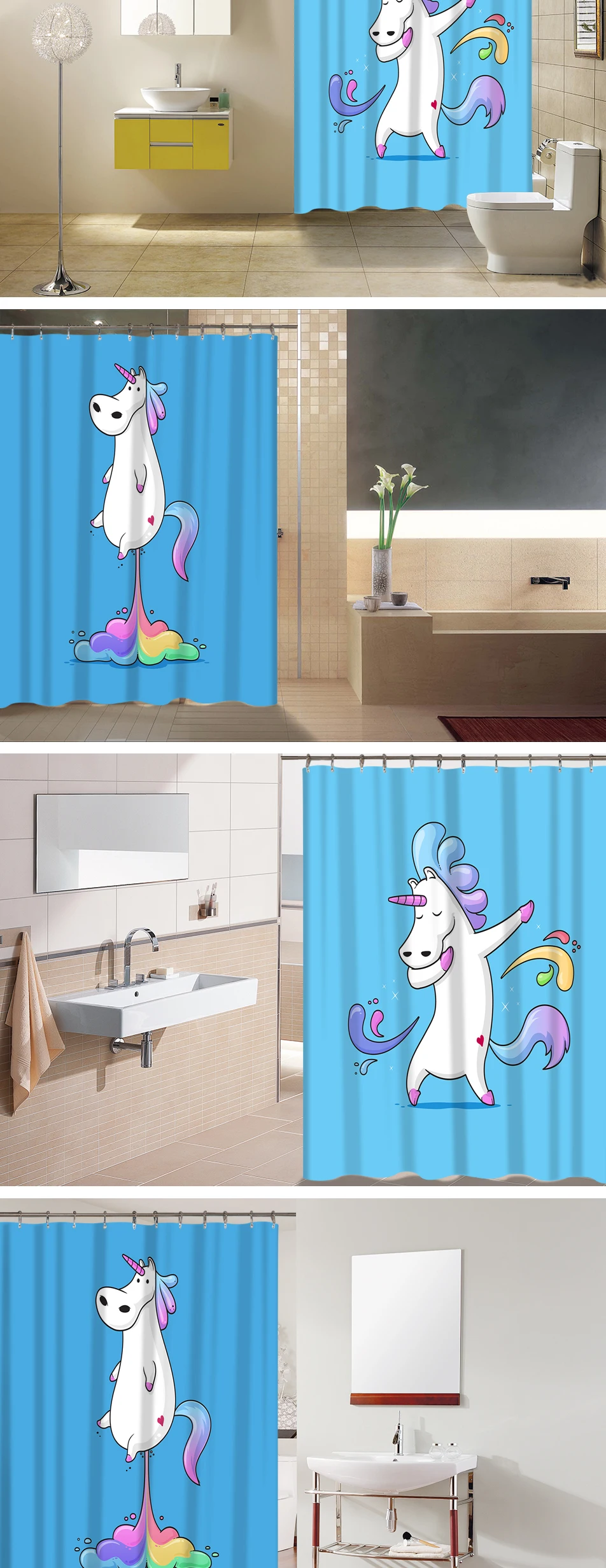 Rainbow Fart Fat Unicorn Bathtub Curtain Plastic Rings Hooks Mildew Resistant Polyester Shower Curtain Mat Set