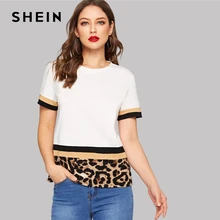 SHEIN разноцветная футболка с леопардовым принтом, Женская облегающая футболка, летняя эластичная Весенняя Однотонная футболка с круглым вырезом