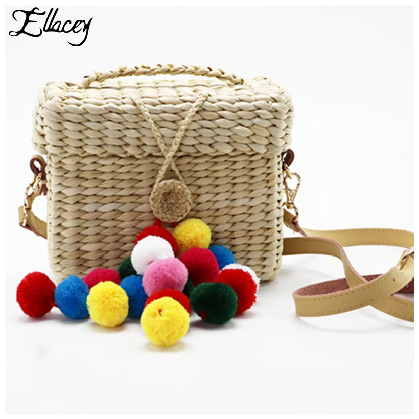 

New 2019 Summer Knitting Straw Bag Women Handmade Cute Pompom Bag Mini Box Crossbody Shoulder Bags Messenger Vacation Beach Bag