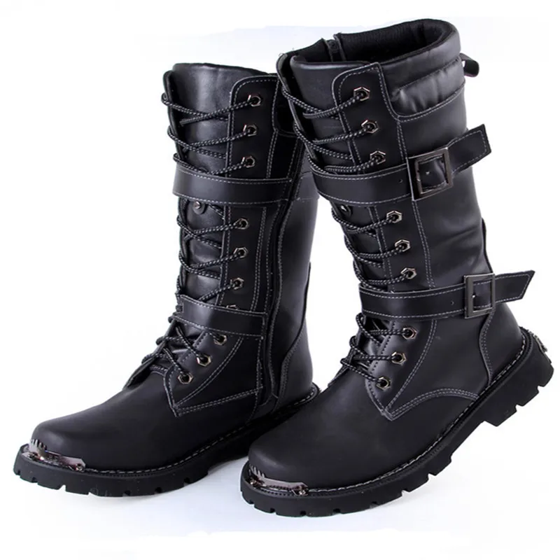 MS023 Free Shipping Knee High Zip in the side Italy PU Black Mens Boots