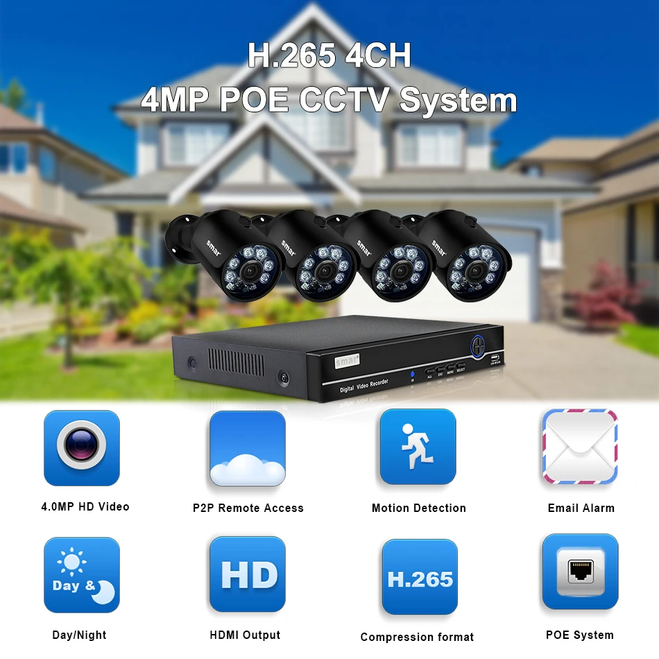 Sm4ch 4MP POE NVR комплект H.265 система безопасности HDMI металлическая 4MP IR уличная CCTV ip-камера P2P комплект видеонаблюдения 2 ТБ HDD Xyeme