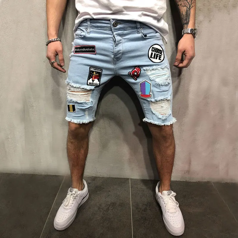 

DIAOOAID 2018 New Streetwear Personality Men's Fashion Embroidery Hole Patch Destroryed Stretch Denim Shorts Male Fashion Jeans