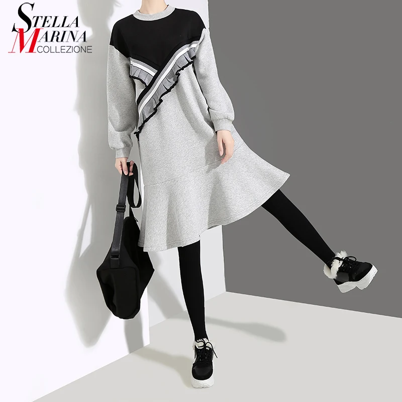 Billige 2019 koreanische Stil Frauen Herbst Grau Patchwork Trompete Kleid Langarm Rüschen Weibliche Nette Midi Meerjungfrau Kleid Robe Femme 4547