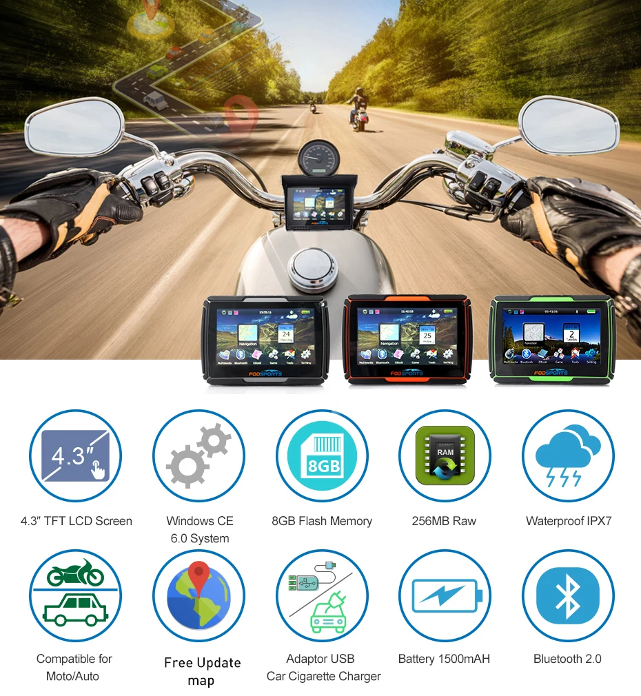 Fodsports дюймов 4,3 дюймов moto rcycle навигации rbike Водонепроницаемый GPS-навигатор с bluetooth шлемы гарнитуры бесплатная карта