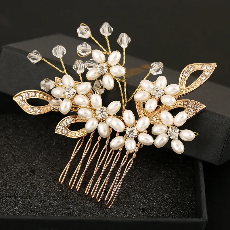 High End Handmade Pearl Hairpins Jewelry Crystal Bridal Hair Comb Gold