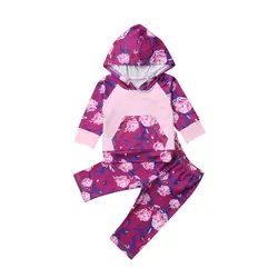 Толстовка с цветочным принтом для маленьких девочек, комплект одежды, спортивный костюм, топ с капюшоном и карманами, штаны с цветочным