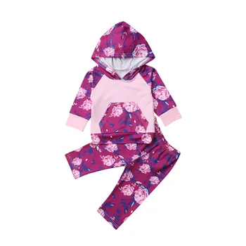 

Infant Baby Girl Floral Hoodie Outfit Clothes Set Tracksuit Hooded Pocket Top Floral Pants Cotton Baby Girl Set 0-2.5T