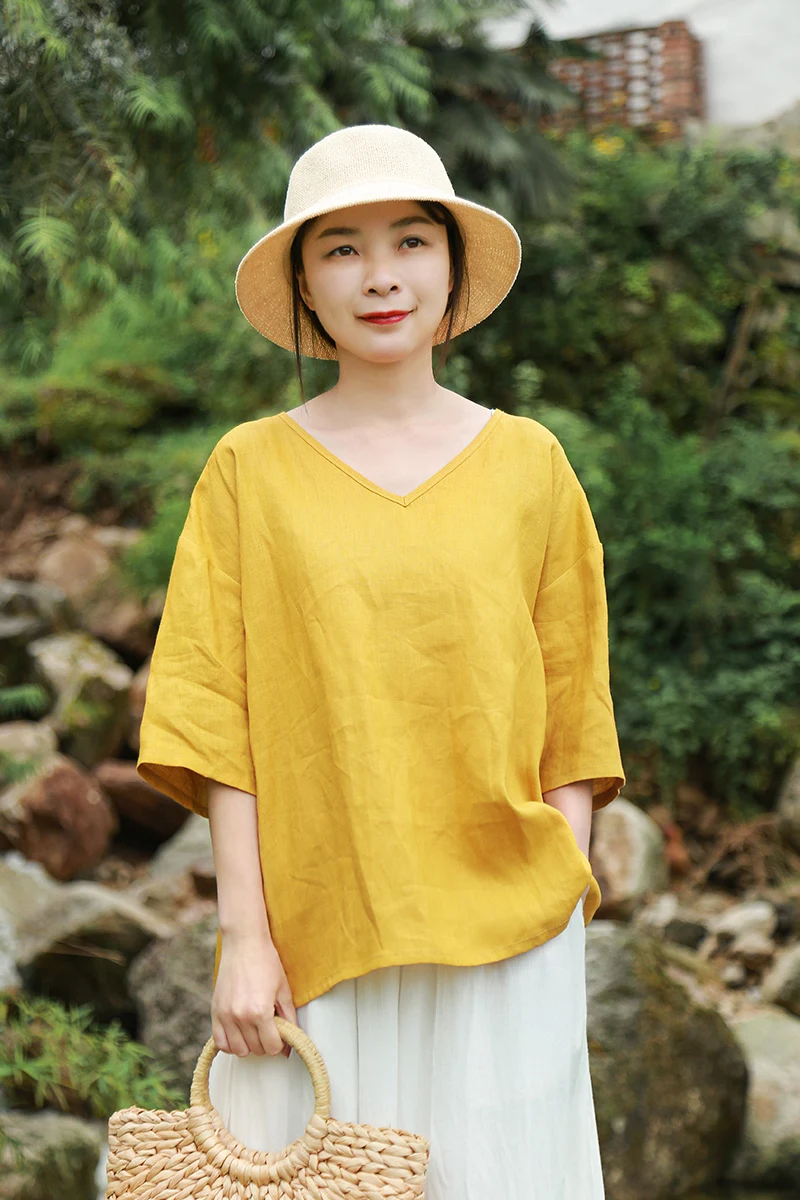 LZJN Women Tops and Blouses 2019 Summer V Neck Short Sleeve Linen Shirt Casual Loose Work Blouse RetroTop Plus Size Blusas (4)