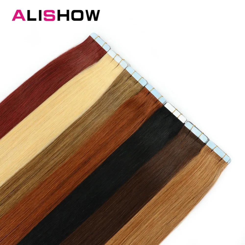 Alishow Tape In Remy Human Hair Extensions Double Drawn Remy Hair Straight Invisible Skin Weft PU Tape On Hair Extensions