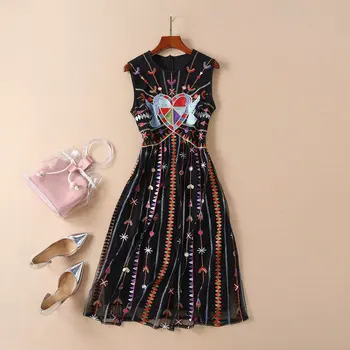 

Women girls colorful heart embroidery black mesh dress sleeveless cute a-line heavy designer dresses new 2019 summer