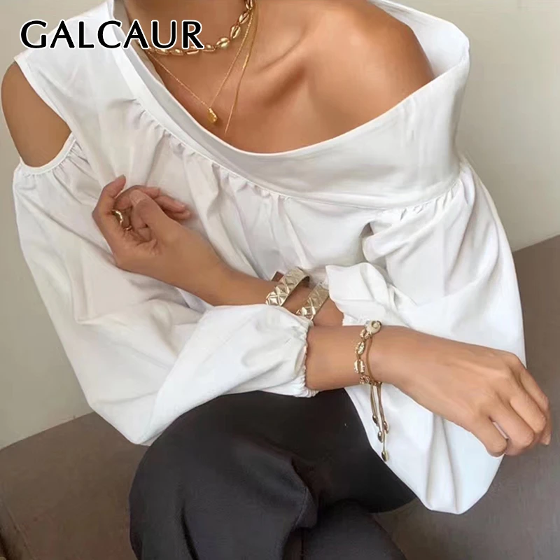 

GALCAUR Sexy Irregular Shirt For Women Skew Collar Off Shoulder Lantern Sleeve Hollow Out Blouse Female 2019 Fashion Summer