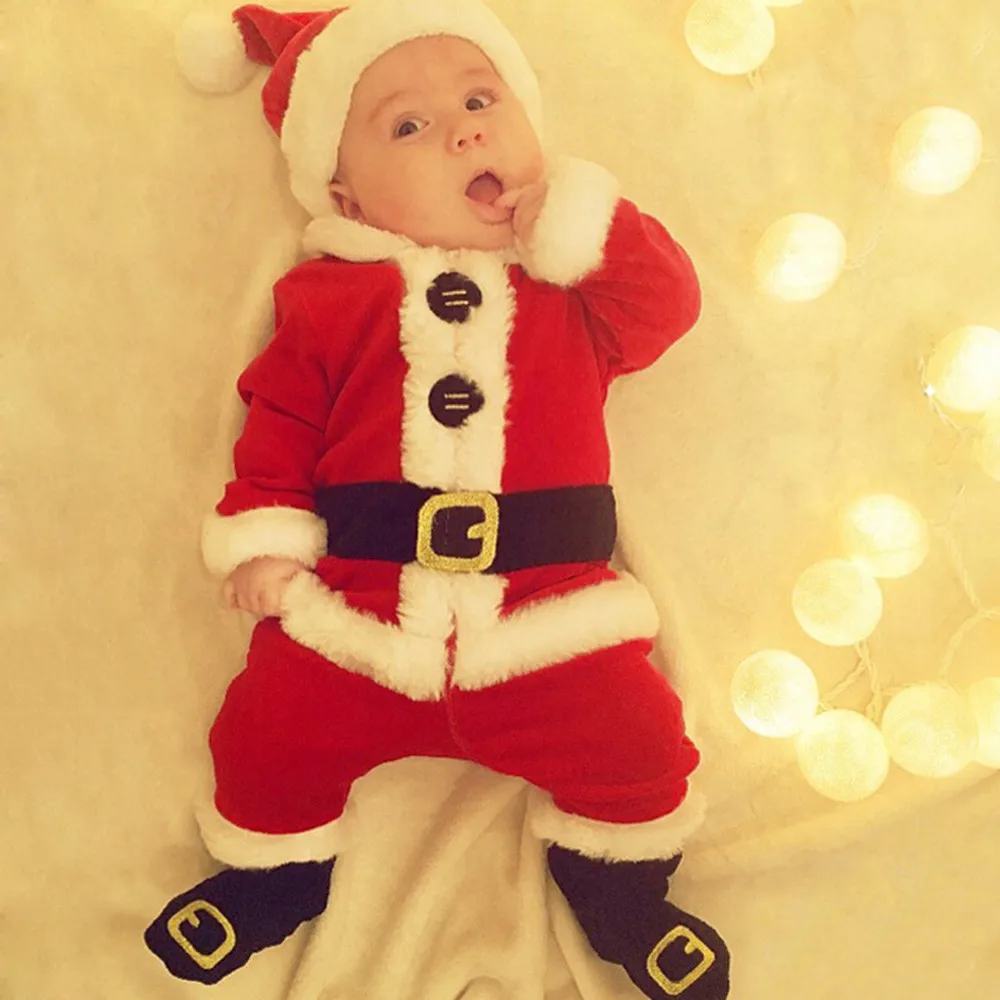 

Christmas Pajamas Dress For Baby Girls Kids Boy Vestidos 4PCS Infant Santa Christmas Tops+Pants+Hat+Socks Outfit Set Costume