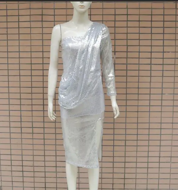 Элегантное женское сексуальное платье с пайетками на одно плечо с длинным рукавом сексуальное платье миди вечернее платье роковой 592 - Цвет: Серебристый