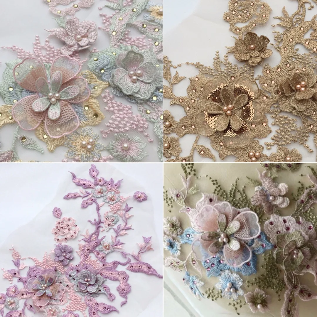 Pearl Beaded 3D Flowers Lace Applique Wedding Dress Decoration Floral Patch