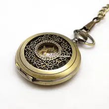 Antique Bronze mécanique montre de poche Steampunk bijoux alliage plat pendentif rond montres avec des chaînes pour hommes 435 mm