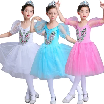 

New Romantic Tutu Giselle Ballet Costumes Girls Child Velet Long Tulle Dress Skate Ballerina Dress Short Sleeve Lace Dress