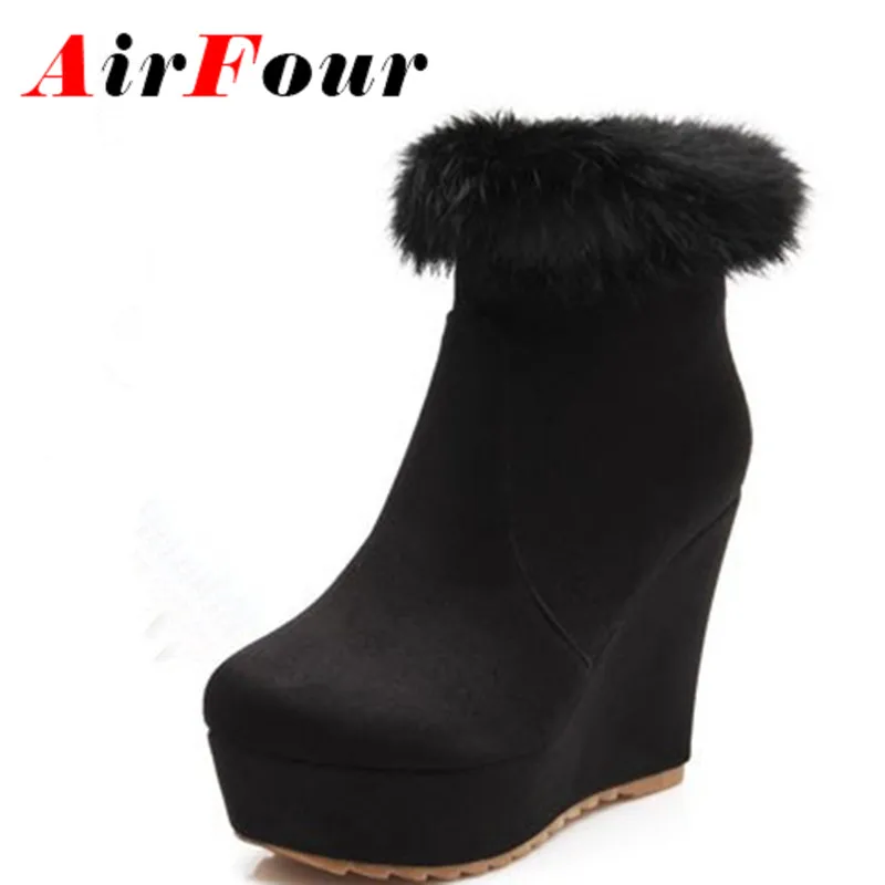 ФОТО Airfour Sexy High Heels Zip Solid Ankle Boots with Fur Round Toe Wedge Heel Comfort Elegant Black Blue Platform Boots