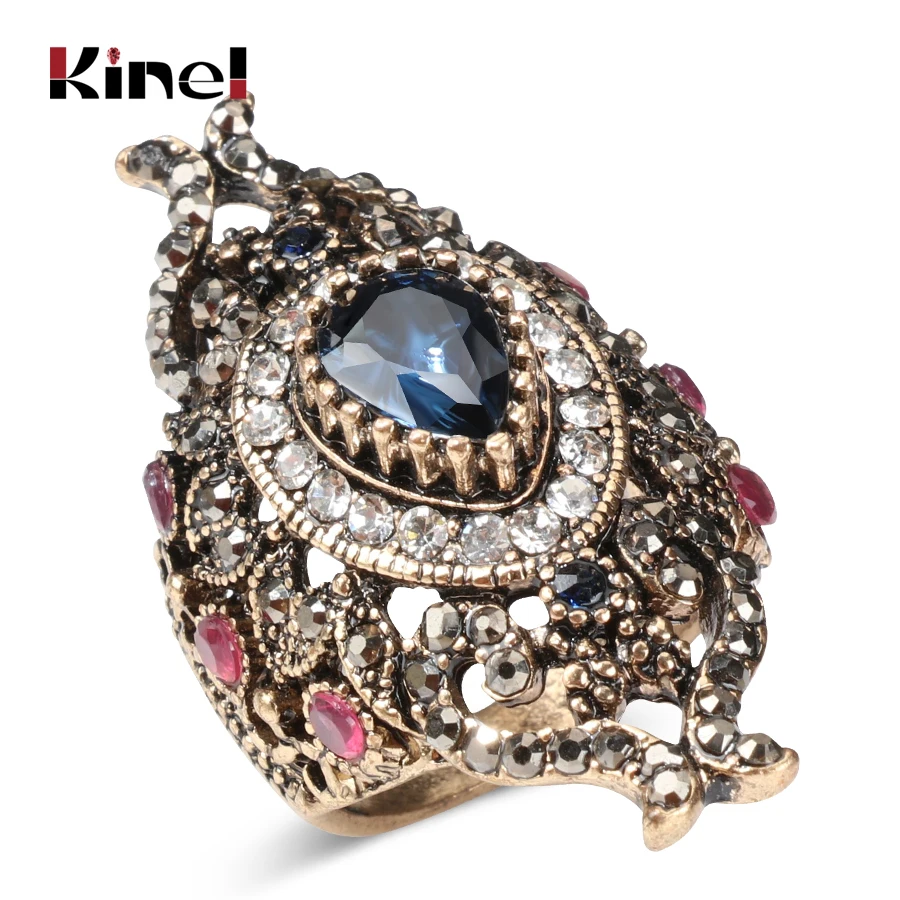 

Kinel Luxury Turkish Rings For Lady Women Vintage Style Jewelry Full Rhinestone Big Wide Blue Crystal Flower Ring 2017 New Gift