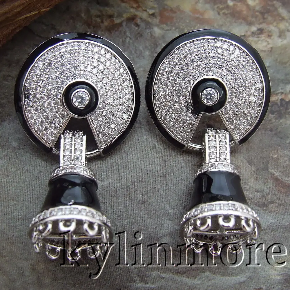 

1Pair 25x44mm Silver Paved CZ Earrings Tassel Cap