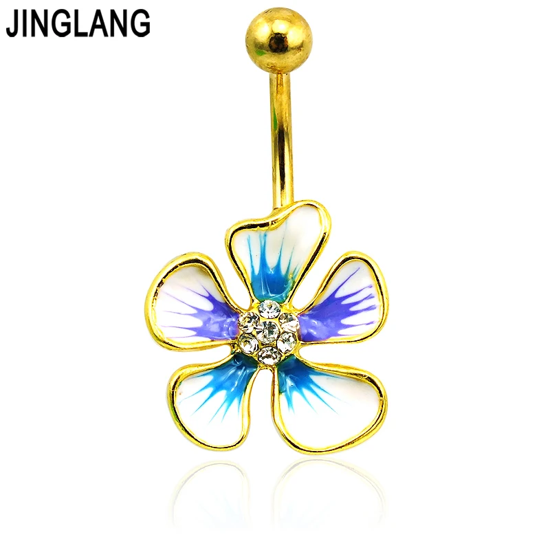 

JINGLANG Gold Color Belly Button Rings Stainless Steel Barbells Blue Enamel Flower Navel Piercing For Women Jewelry