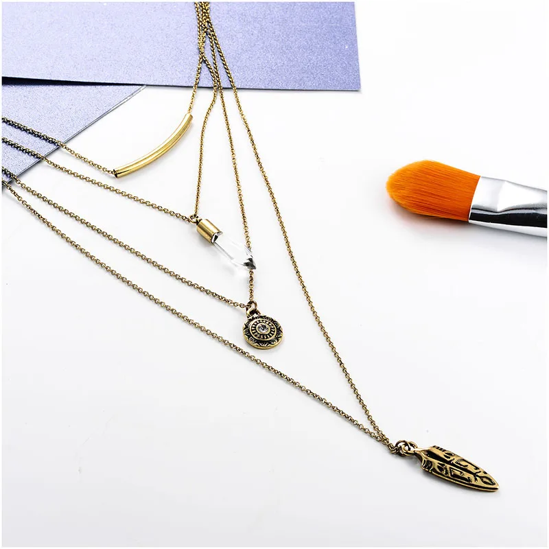 Новая мода золото двойное многослойное ожерелье, цепь шестиугольная колонна колье воротник ожерелье кулон из природного кварца подарок для женщин