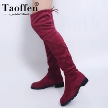 TAOFFEN/женские Сапоги выше колена; теплые зимние сапоги без застежки на плоской подошве; однотонная женская обувь на меху на молнии с круглым носком; Размеры 35-43