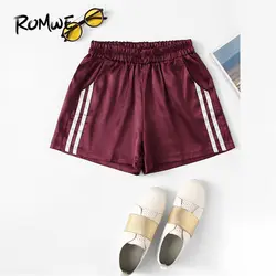 ROMWE эластичный пояс в полоску шорты для женщин 2019 бордовый для середины талии карман летние шорты Модная спортивная Фитнес