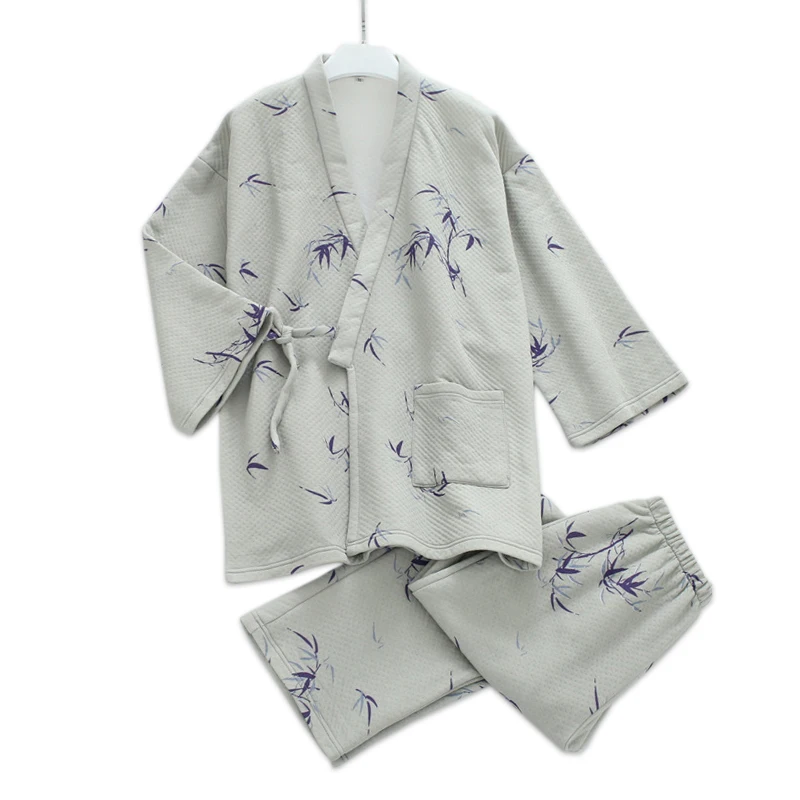 

Japanese couple kimono women pajama sets winter fresh bamboo print thicken 100% cotton keep warm robes women sleep indoor