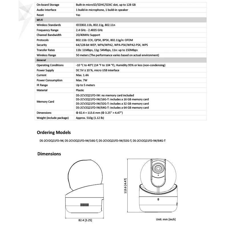 DS-2CV2Q21FD-IW Hik EZVIZ 2MP PT камера Встроенный микрофон и динамик, двухстороннее аудио IPC USB WiFi Hik-подключение