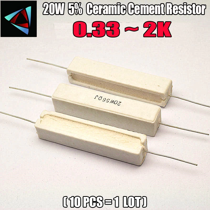 10pcs 20W 5% Ceramic Cement Resistor 0.33 0.5 1 2 2.2 3 4.7 5.1 6.8 8.2