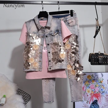 

Two Piece Set Women 2019 Summer New Fashion Heavy Sequined Short Waistcoat Slim Denim Jacket + Loose Jeans Suit Female Lady