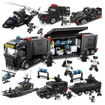 

54PCS City Police Military Swat Arms Vehicle Model Sets wat Team Truck Gunship Helicopter Model Building Blocks Brick Kid Toys
