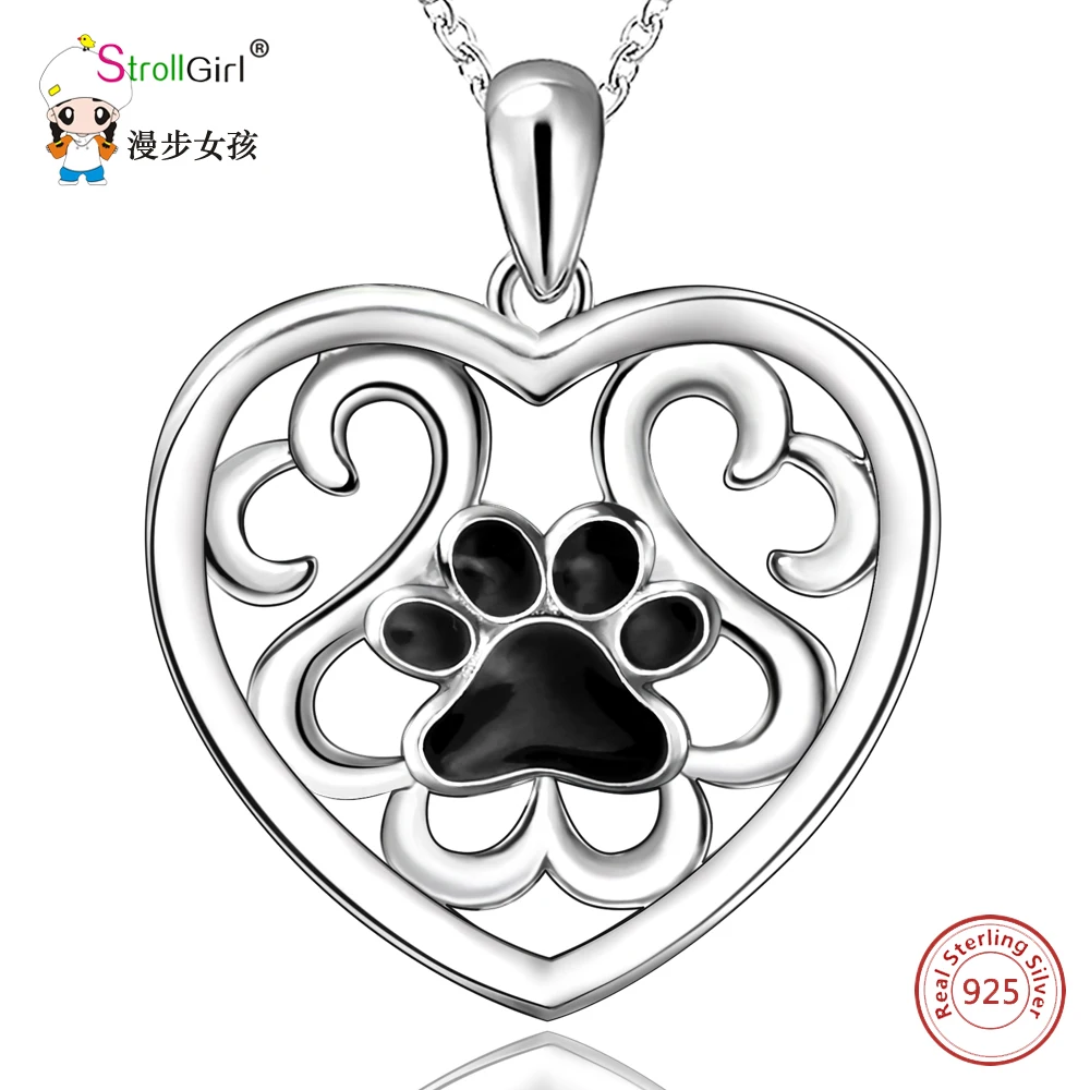 

StrollGIRL 925 Sterling Silver Chain Pendant Necklace Fashion Jewelry Dog Paw Hollow Heart Necklaces & Pendants For Women 2018