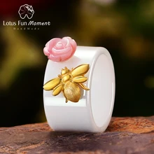 Lotus Fun Moment Настоящее стерлингового серебра 925 ювелирные изделия натуральный розовый оболочки розы кольцo пчелы керамика кольца для женские bijoux