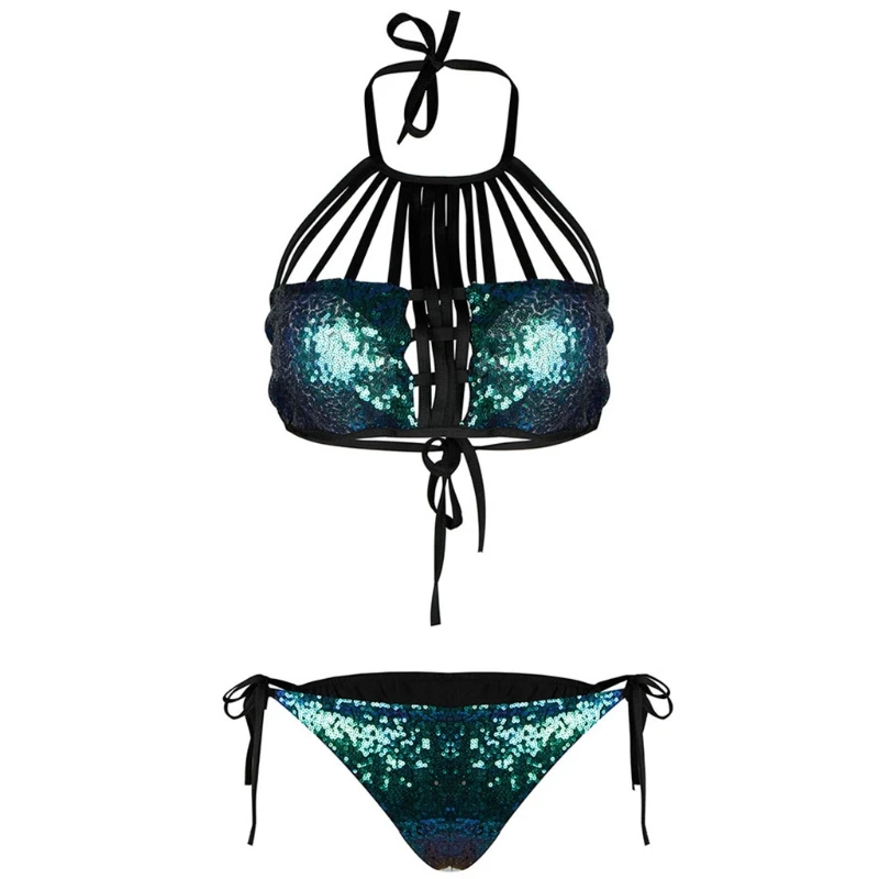 

Women Push Up Halter Bra Low Waist Thongs Sequins Bikini Set Swimsuit Swimwear