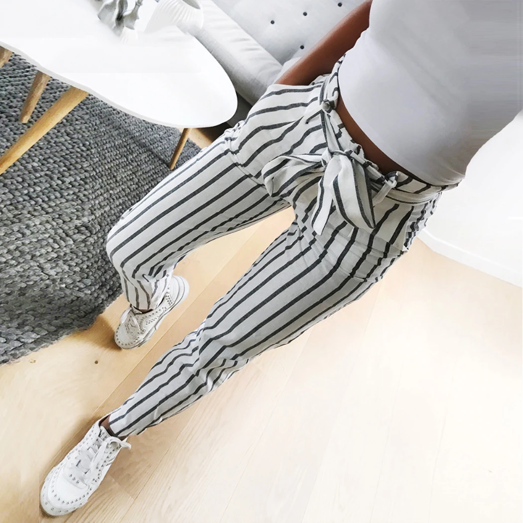 Летние Для женщин брюки белый полосатый галстук-бабочка шнурок брюки Повседневное середине талии сладкий упругие талии карманы