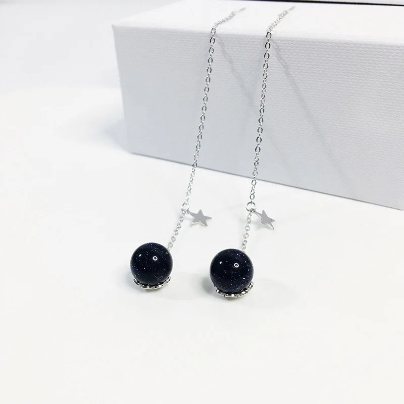 

Starry night ladies Sterling Silver 925 star with Flash crystal blue sand ball big long earrings for Fashion statement