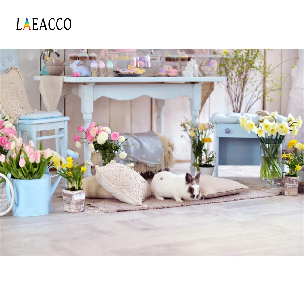 

Laeacco Spring Flowers Decor Interior Easter Scene Photography Backgrounds Customized Photographic Backdrops For Photo Studio