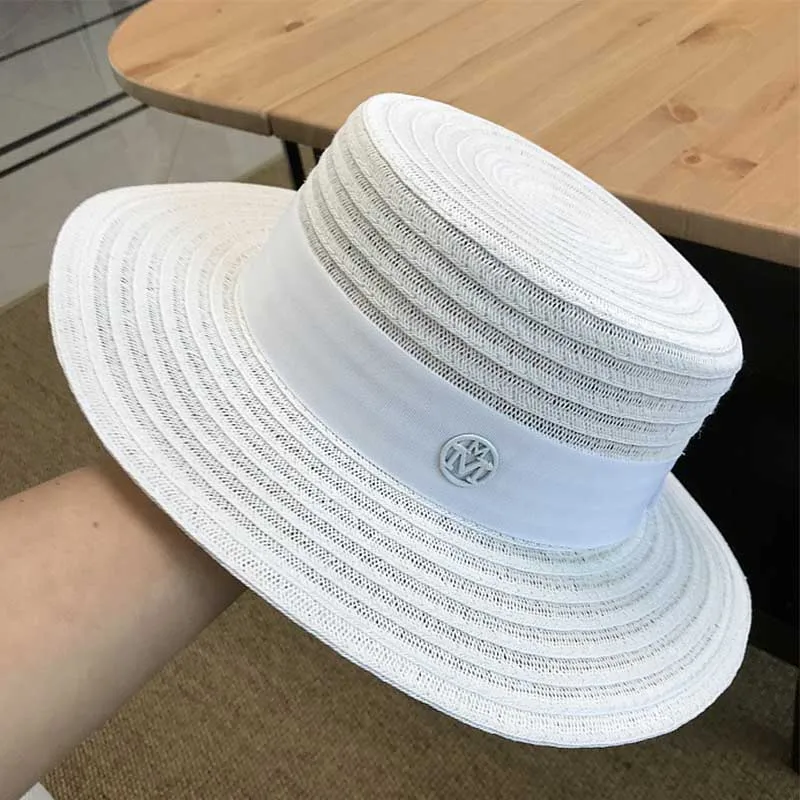 Классическая соломенная шляпа-федора в стиле дерби с широкими полями, пляжная шляпа, летняя кепка, шляпа от солнца для женщин мужчин, Кепка с плоским верхом для церкви, Кепка для пары - Цвет: Белый