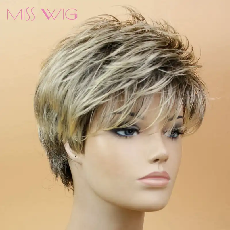 Miss Wig Black Mixed Blonde Straight Wig Short Pixie Haircut Style