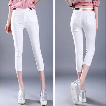 

WKOUD High Waist Pencil Pants Skinny Black Capris Summer Calf-length Stretch Pants Women's Casual Thin Trousers Plus Size P9022