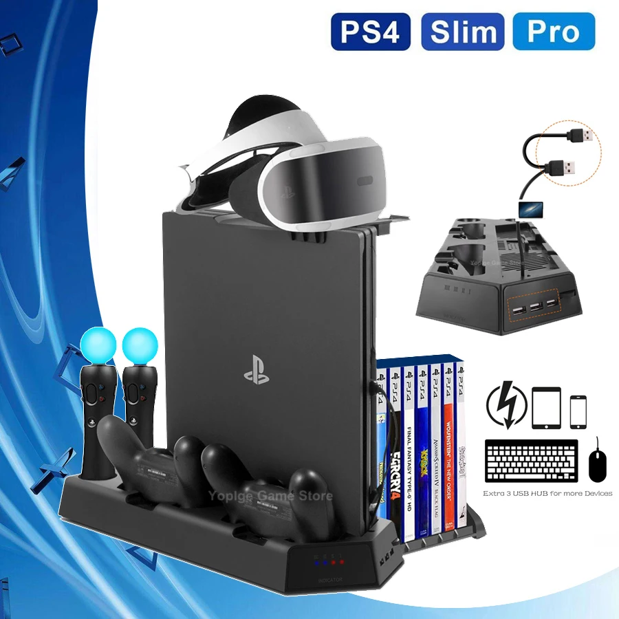 

PS4 Slim Pro PS Move VR Vertical Stand Cooler Cooling Fan Controller Charger Charging Dock Station Storage PS 4 Accessories