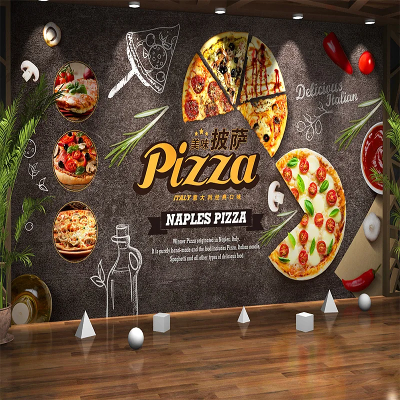 

Customize Any Size Creative Atmosphere Food Cartoon Pizza Mural Wallpaper Cafe Restaurant Background Decorative Mural Paper 3d