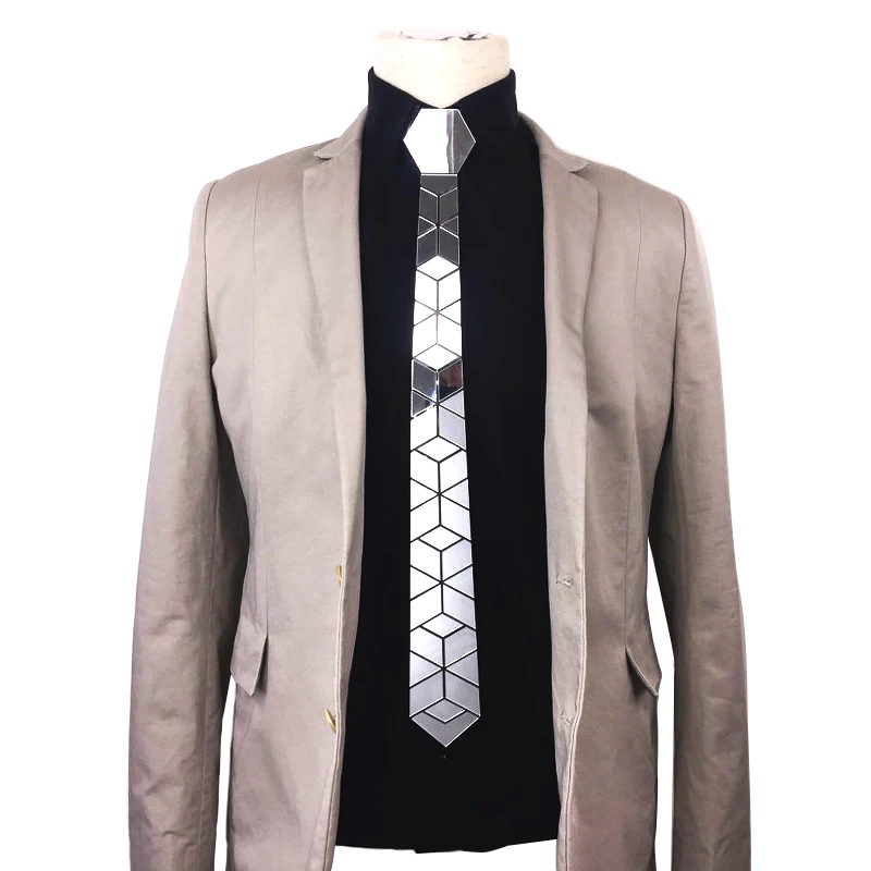 

Fashion Slim Mirror Necktie Men Wedding Party Costume Night Club Accessory Silver Diamond Plaid Acrylic Silk Ties Blazers Outfit