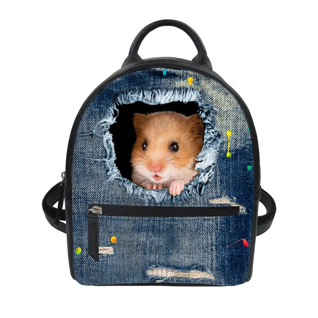 FORUDESIGNS Cute Hamster Denim Printed PU Leather Bag Small Women Backpack For Teenage Girl